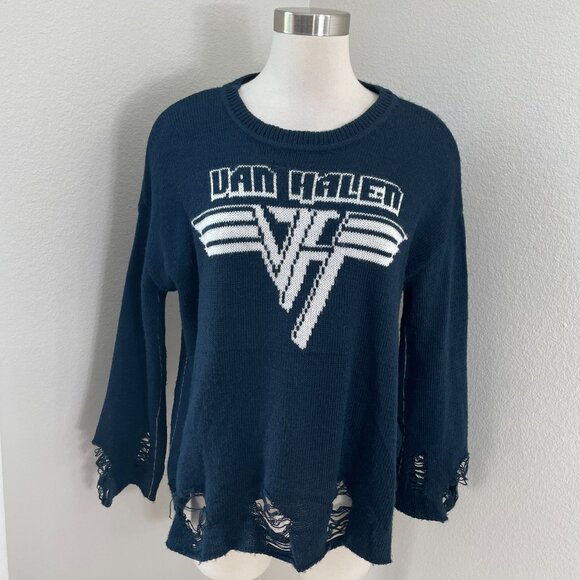 TRUNK Ltd. Womens XS Navy Blue Distressed Van Halen Sweater Long Sleeve Knit Top - Picture 1 of 12